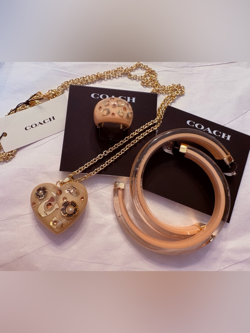 Coach Pink and Gold Heart Pendant Necklace, Ring and Bangle Set